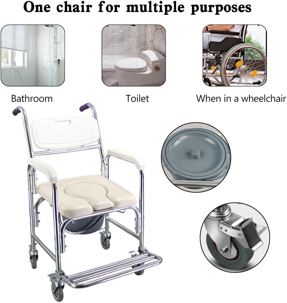 Frezon Multifunction Wheeled Mobile Toilet Commode Shower Chair Wheelchair with Wheels for Elderly,It can confidently holds up to 136KG/ 300 pounds