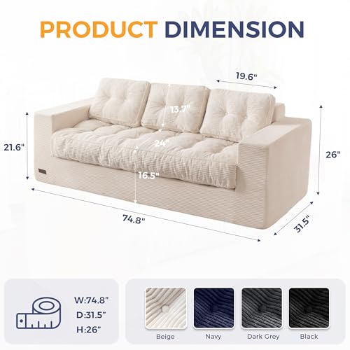 MAXYOYO 3 Seater Couch for Living Room, Boneless Couch with Tufted Cushion & Backrest, Upholstered Floor Sofa with Armrests, Sofa in A Box, No Assembly Required, Beige