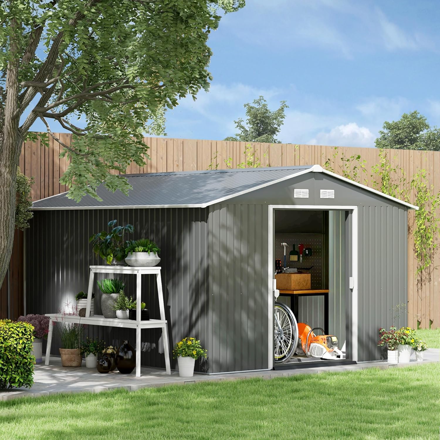 Outsunny 11' x 9' Outdoor Storage Shed, Garden Tool House with Foundation Kit, 4 Vents and 2 Easy Sliding Doors for Backyard, Patio, Garage, Lawn, Gray