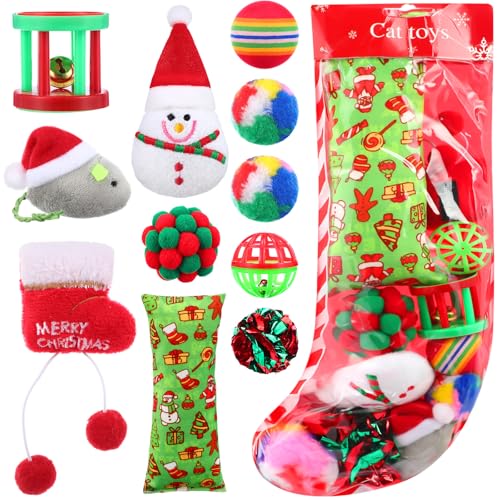 Soulchen 11 Pcs Christmas Cat Toys Stocking Gift Holiday Catnip Interactive Cats Toy Gift Set with Santa, Snowman, Plush Balls, Crinkle Mice, Variety Pack for Indoor Cats, Pet Stocking Present