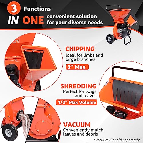 3 in 1 Wood Chipper Shredder Mulcher, 7 HP 212cc Heavy Duty Gas Powered, 3