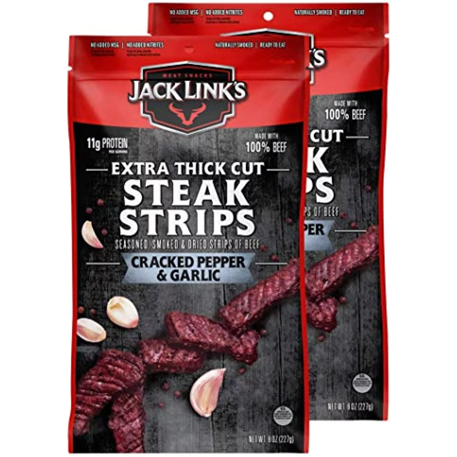 Jack Link s Steak Strips, Beef Jerky, Cracked Pepper & Garlic, Snack Bags, Thick Cut Protein Snacks, Ready To Eat - 11g of Protein, 80 Calories per Serving, Made with Premium Beef, 8 Oz (Pack Of 2) Cracked Pepper & Garlic 8 Ounce (Pack of 2)