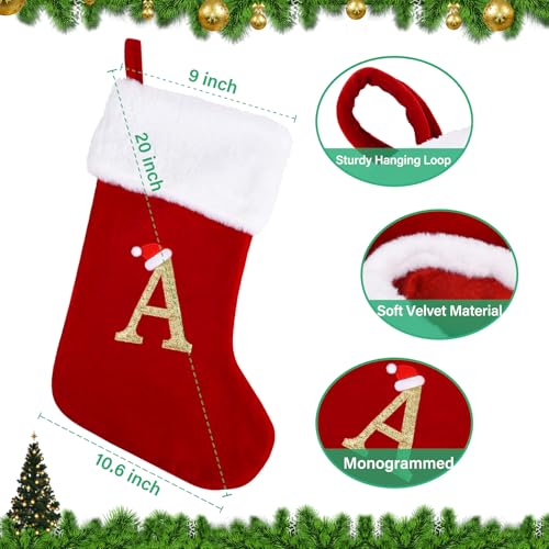 20 Inches Monogram Christmas Stockings with Letters, Large Super Soft Christmas Stockings Red Velvet with White Super Soft Plush Cuff for Christmas Xmas Tree Holiday Fireplace (A)