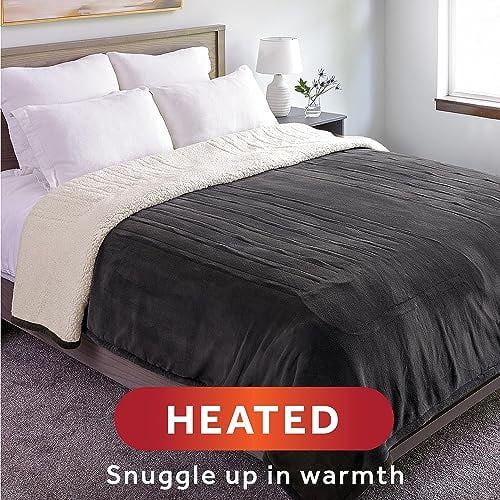 Sunbeam Royal Luxe Sherpa Night Fog Heated Blanket Machine Washable, King