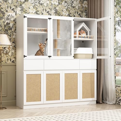 Large Cat Litter Box Enclosure Furniture Hidden with Scratch Post,Stairs, Cat Condo House for 2 Cats, Cat Cabinet with Storage Drawers,Shelves, Sisal Doors for Living Room, White