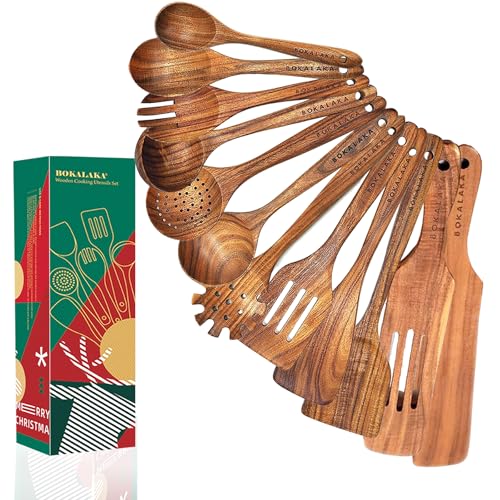Christmas Wooden Spoons for Cooking,10 Pcs Natural Teak Wooden Kitchen Utensils Set Wooden Cooking for Xmas Kitchen Supplies(10 PCS Xmas Gift)