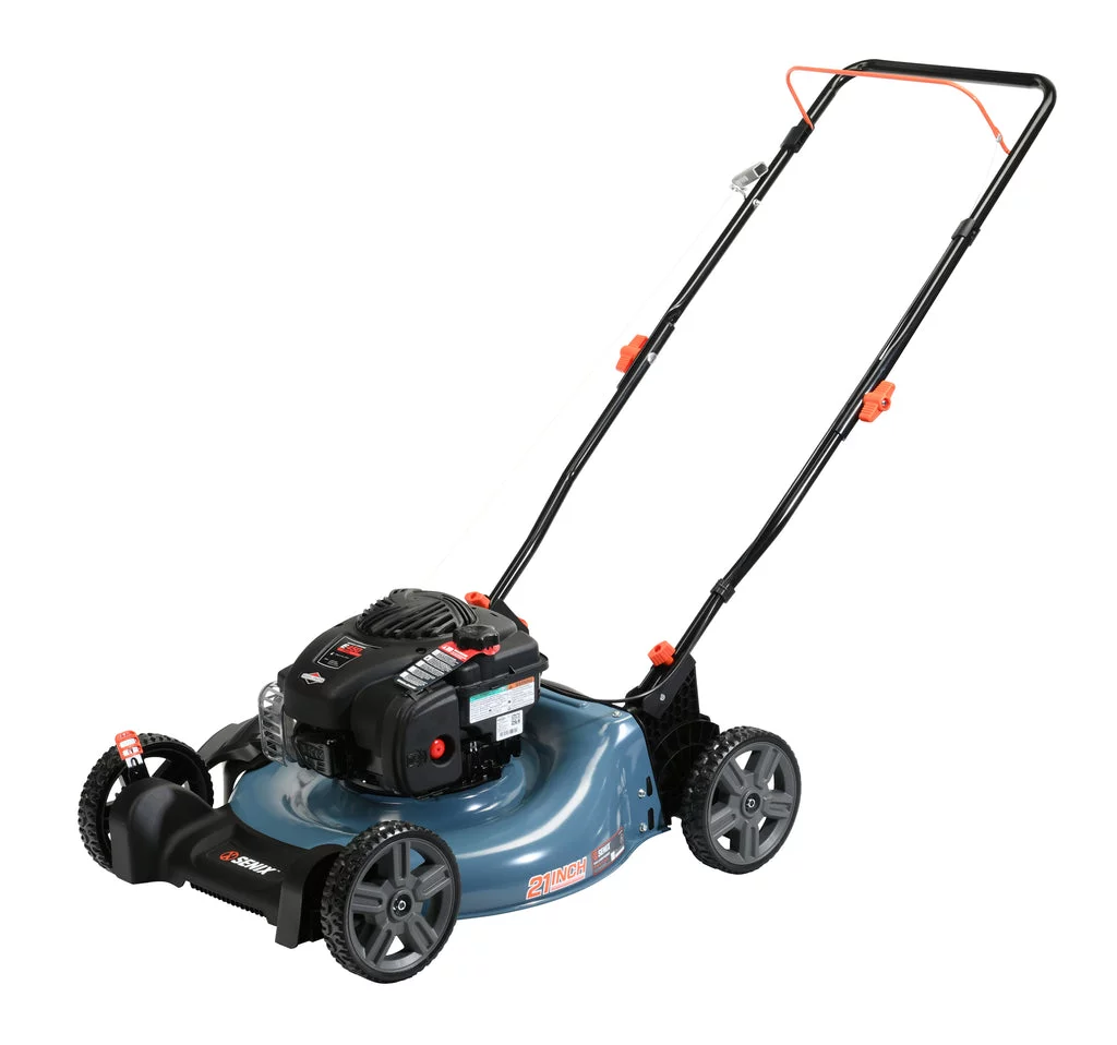 SENIX 21-Inch 125 cc 4-Cycle Gas Powered Push Lawn Mower, Mulch & Side Discharge, Dual Lever Height Adjustment, LSPG-M3