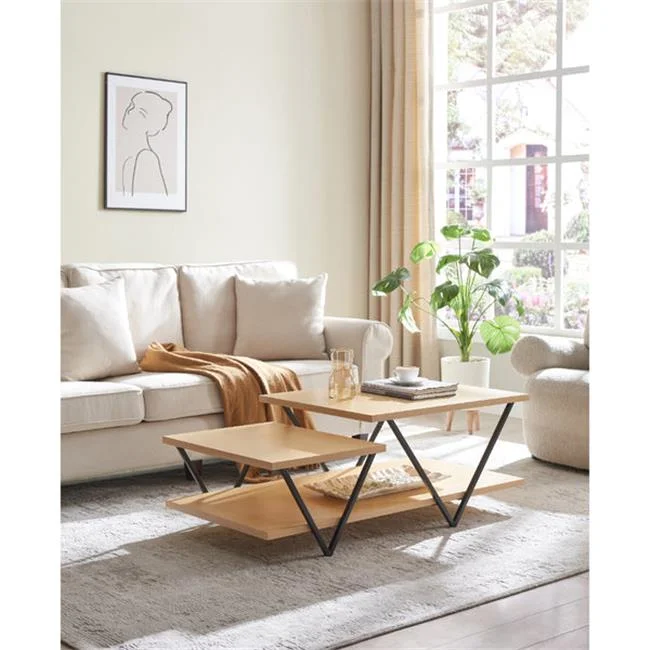 48 in. 2-Tier Top Coffee Table with Bottom Shelf & V-Shape Black Metal Legs, Light Maple Wood