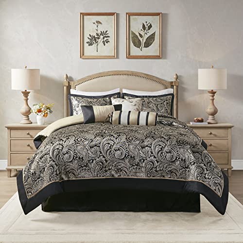 Madison Park Comforter Set, Faux Silk Jacquard Paisley Design - All Season Down Alternative Bedding with Bedskirt, Decorative Pillow, Cal King(104 in x 92 in), Black 7 Piece