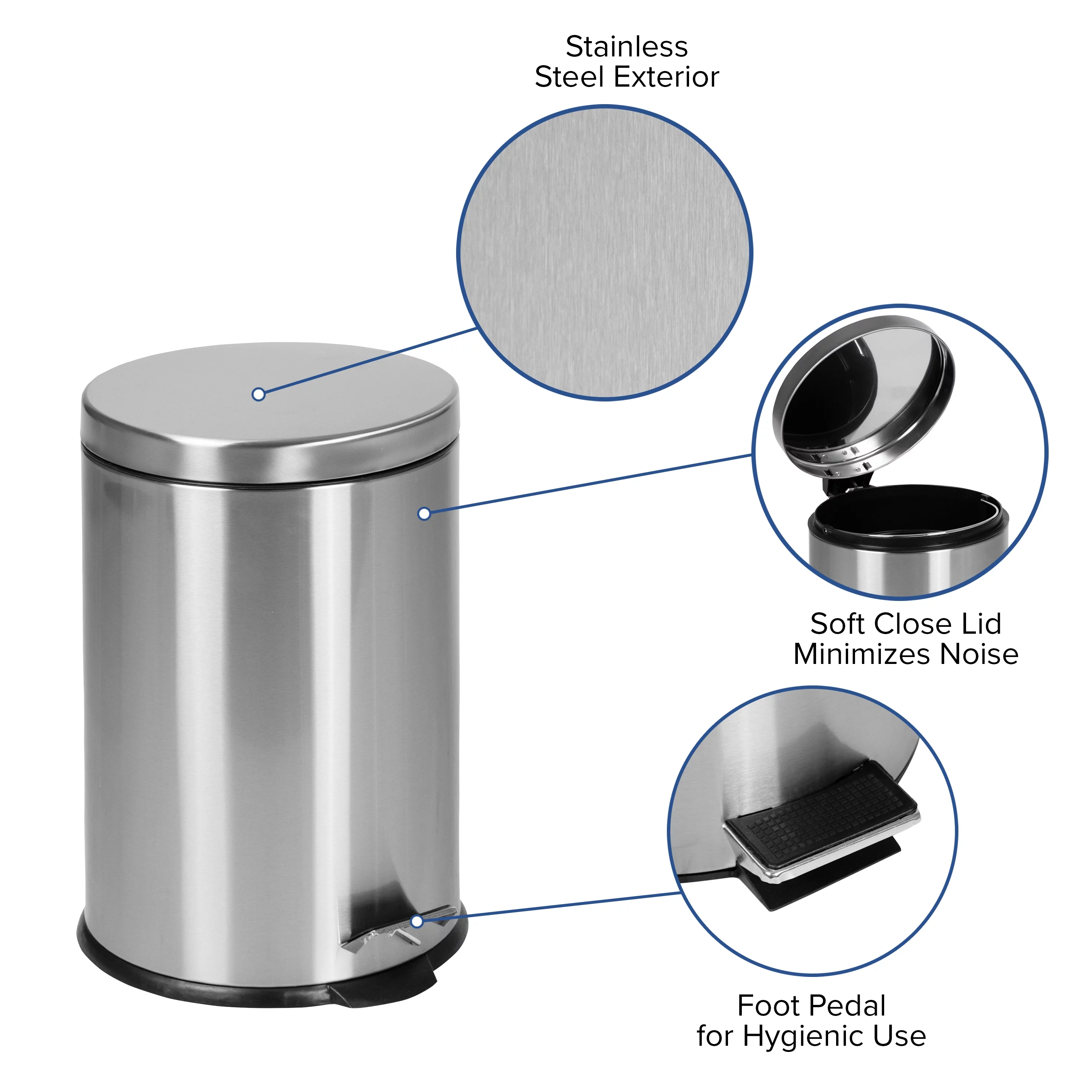 Flash Furniture Round Stainless Steel Fingerprint Resistant Soft Close, Step Trash Can - 5.3 Gallons (20L)