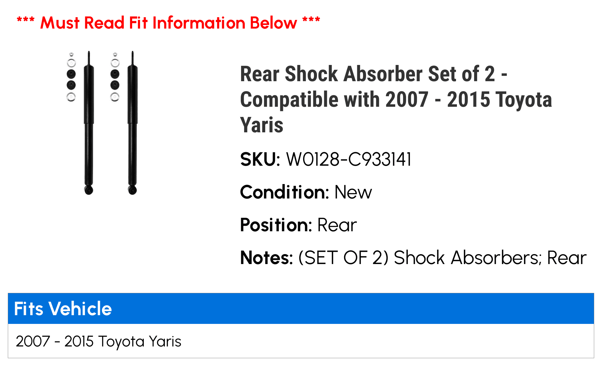 Rear Shock Absorber Set of 2 - Compatible with 2007 - 2015 Toyota Yaris 2008 2009 2010 2011 2012 2013 2014