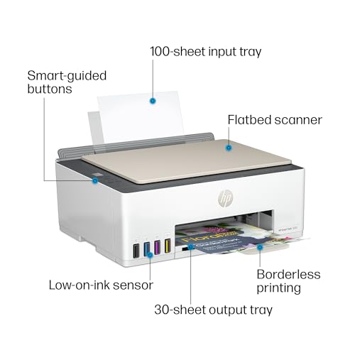 HP Smart-Tank 5000 Wireless All-in-One Ink-Tank Printer with up to 2 years of ink included, mobile print, scan, copy, white, 17.11 x 14.23 x 6.19