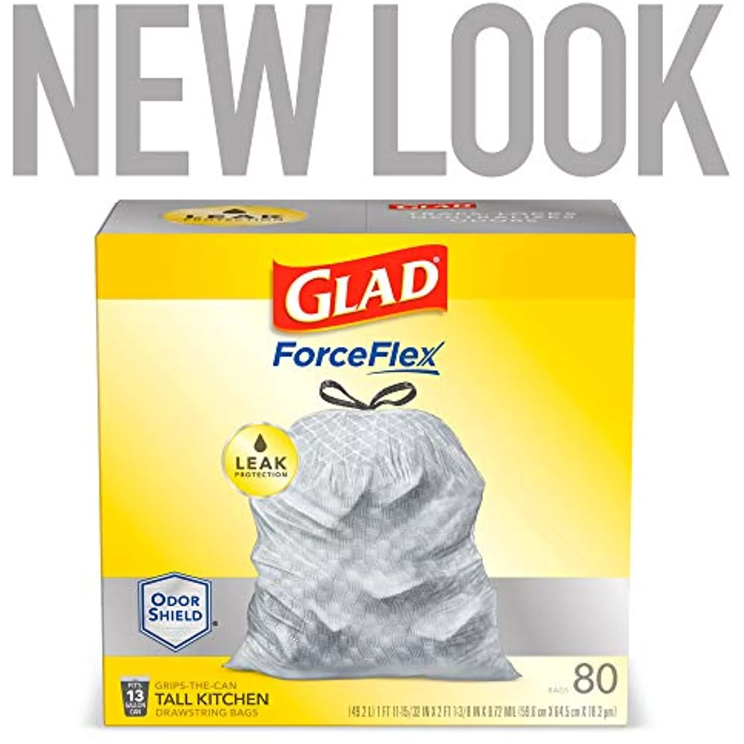 Glad Forceflex Tall Kitchen Drawstring Trash Bags 13 Gallon Grey Trash Bag, Unscented 80 Count (Package May Vary)