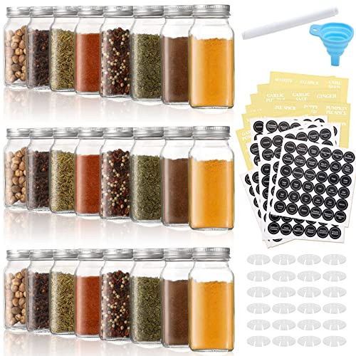 AOZITA 24 Pcs Glass Spice Jars with Labels - 4oz Empty Square Spice Bottles Containers, Condiment Pot - Shaker Lids and Airtight Metal Caps - Silicone Collapsible Funnel Included