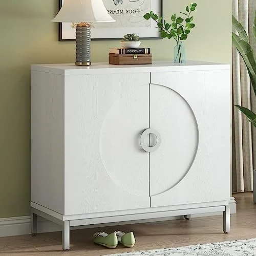 KHBIULIFE Accent  Cabinet Buffet Cabinet with Adjustable  and Metal Leg Frame  Small Sideboard Wooden Cabinet with Circular Door Handles for Living Room Entryway (White)