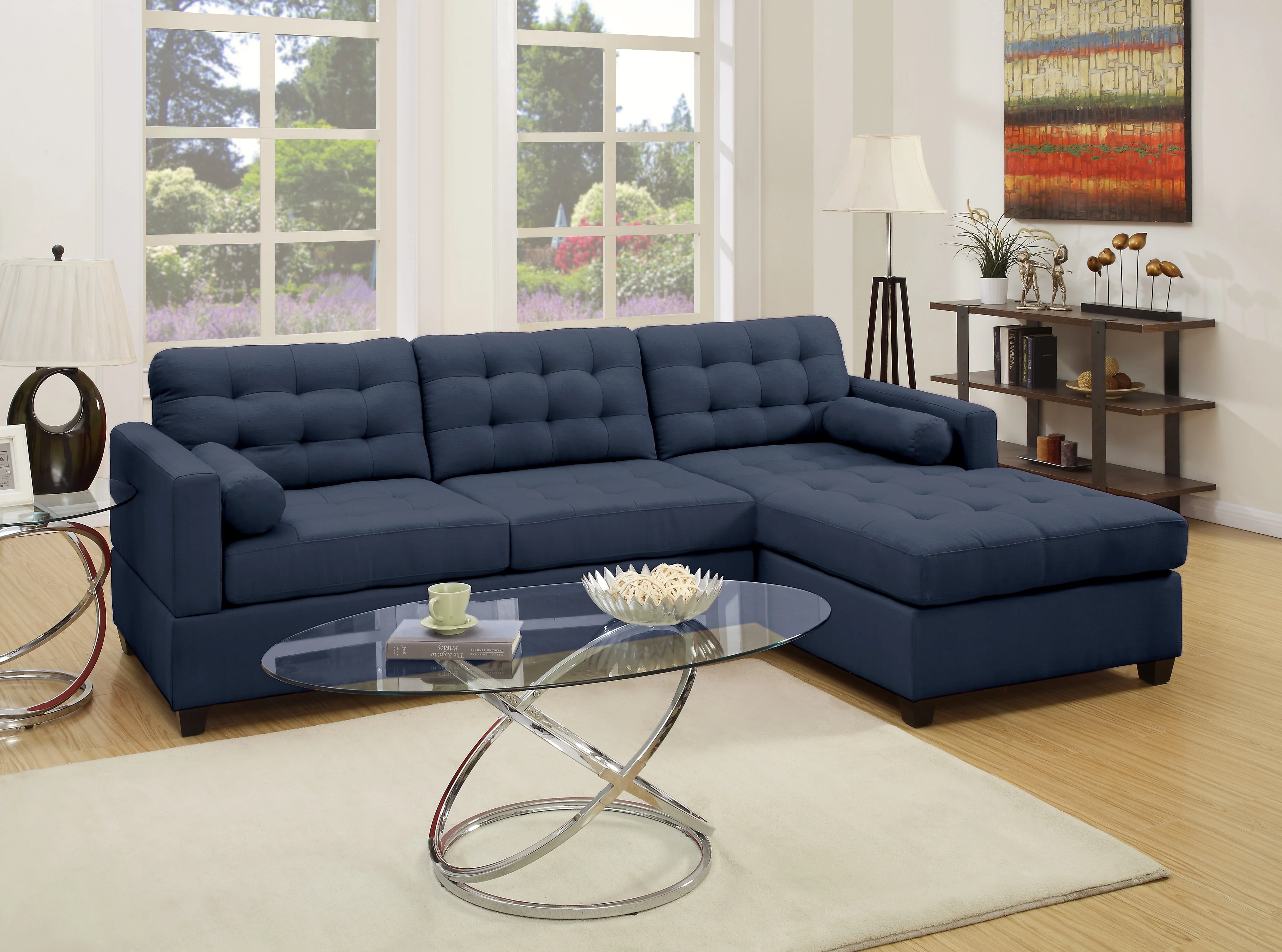 Poundex Furniture 2 Piece Fabric Compact Sectional Sofa Set in Dark Blue Color
