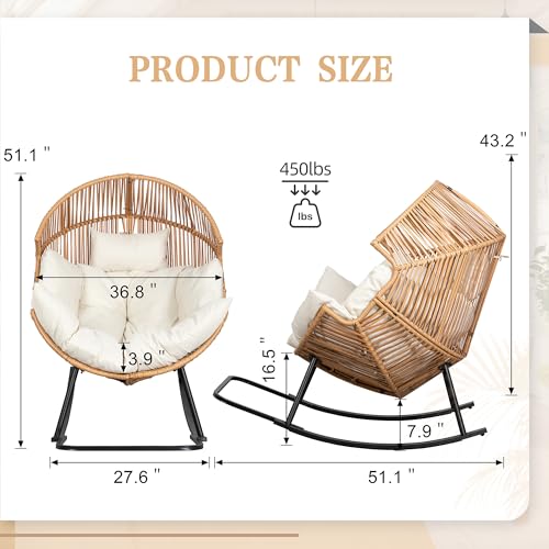 Vongrasig Wicker Rocking Egg Chair PE Rattan with Cushion, Oversized Patio Lounge Rocker Chair for Outdoor, Indoor, Balcony, Backyard, Garden, Beige