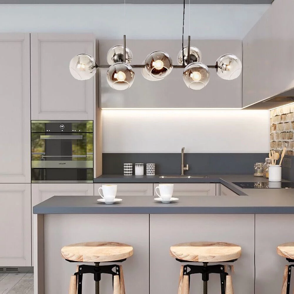 TFCFL 8-Head Mid-Century Spherical Chandelier Medieval Glass Shade Flush Mount Hard Rod Black 38.61