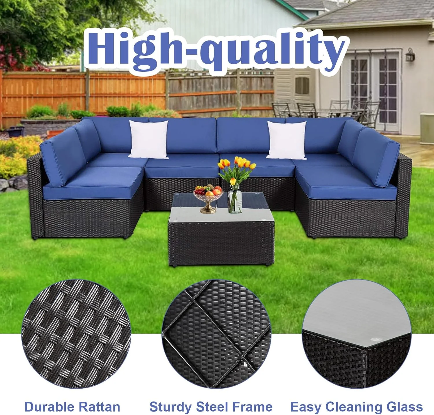Kinbor 7pcs Outdoor Patio Furniture Pe Rattan Wicker Rattan Sofa Sectional Set with Dark Blue Cushions