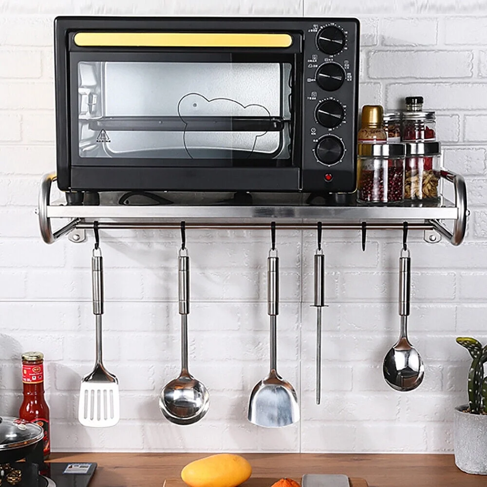 Wall-Mount Microwave Oven Rack Stainless Steel Kitchen Storage Stand Shelf w/6x Hooks