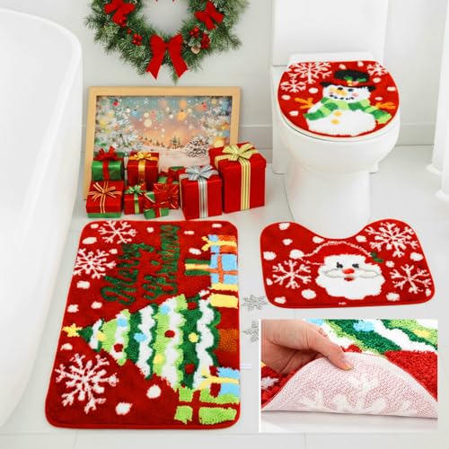 Breling 3 Pcs Christmas Bathroom Rug Set Non Slip Washable Merry Christmas Bath Mat Rug Toilet Lid Cover and Bath Waterproof Mat for Xmas Bathroom Home Decoration