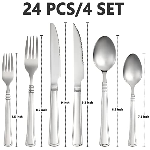 24-Piece Silverware Set with Steak Knives Stainless Steel Flatware Set Service for 4 Cutlery Utensil Sets Includes Forks Knives Spoons Set for Home Kitchen Restaurant