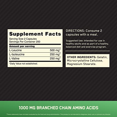 Optimum Nutrition Instantized BCAA Branched Chain Essential Amino Acids Capsules, 1000mg, 200 Count