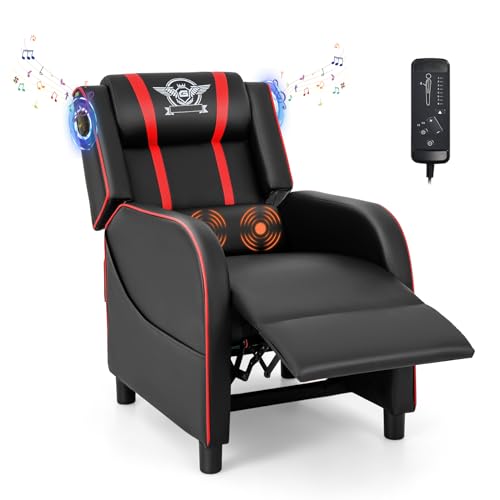 Giantex Gaming Massage Recliner Chair - Racing Style Gaming Sofa Chair with Reclining Backrest, Massage Lumbar Pillow, Retractable Footrest, Home Theater Seating with Bluetooth Speaker (Blue)
