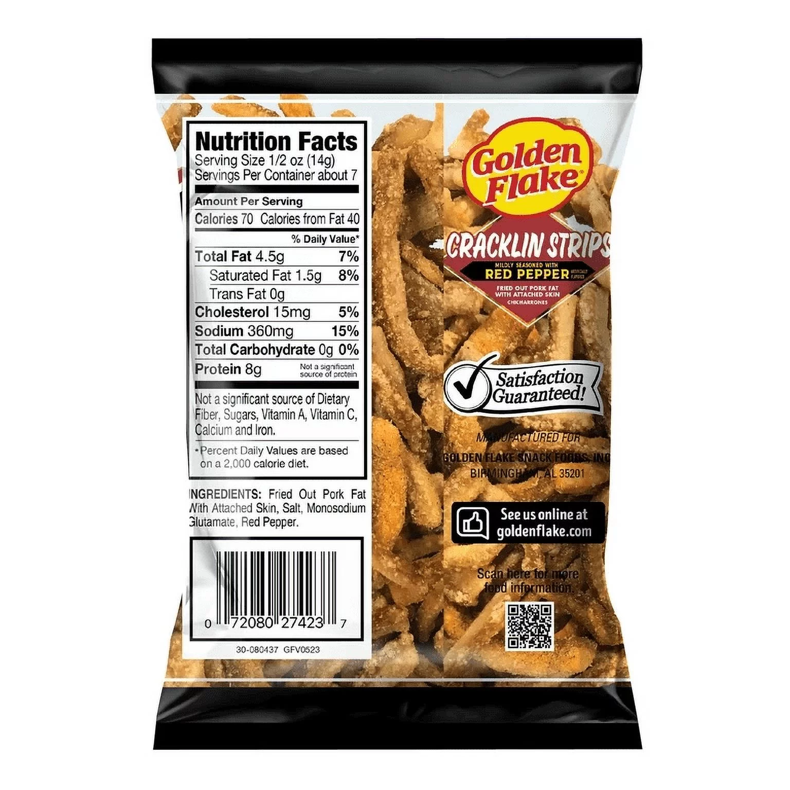 Golden Flake Fried Pork Cracklin Strips Mildly Seasoned with Red Pepper- 3.5 oz. Bags (6 Bags)