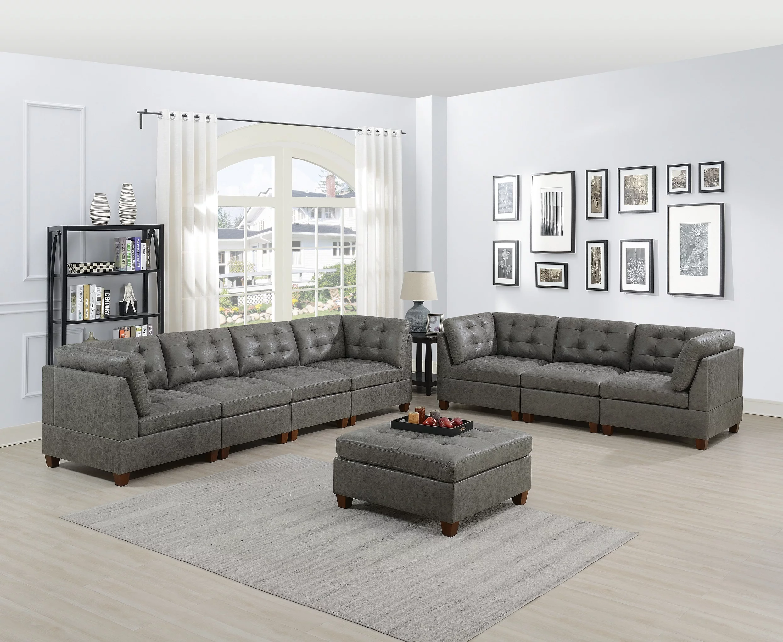 CoSoTower Living Room Furniture Antique Grey Modular Sofa Set 8Pc Set Breathable Leatherette Tufted Couch 4X Corner Wedge 3X Armless Chairs and 1X Ottoman