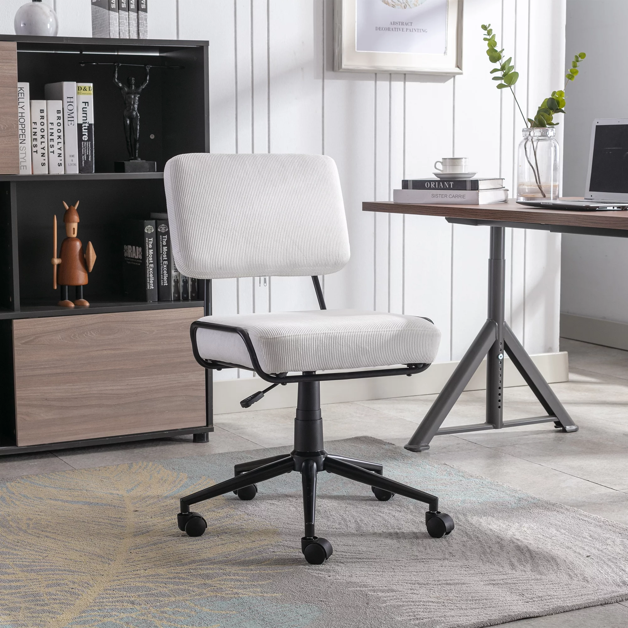 Royard Oaktree Corduroy Upholstered Home Office Chair,Swivel Desk Chair Adjustable Task Chair with Wheels for Small Space, Living Room,Office(White)