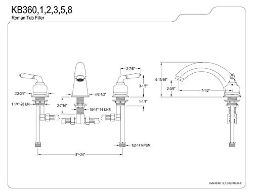 Kingston Brass KB362 Magellan Roman Tub Faucet, Polished Brass,8-Inch Adjustable Center