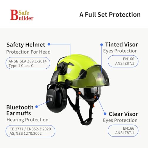 SAFEBUILDER Safety Helmet with Visor Bluetooth Ear Muffs SNR 26dB Hard Hat with Visors Mounted Ear muff Hardhats Vented ANSI Z89.1