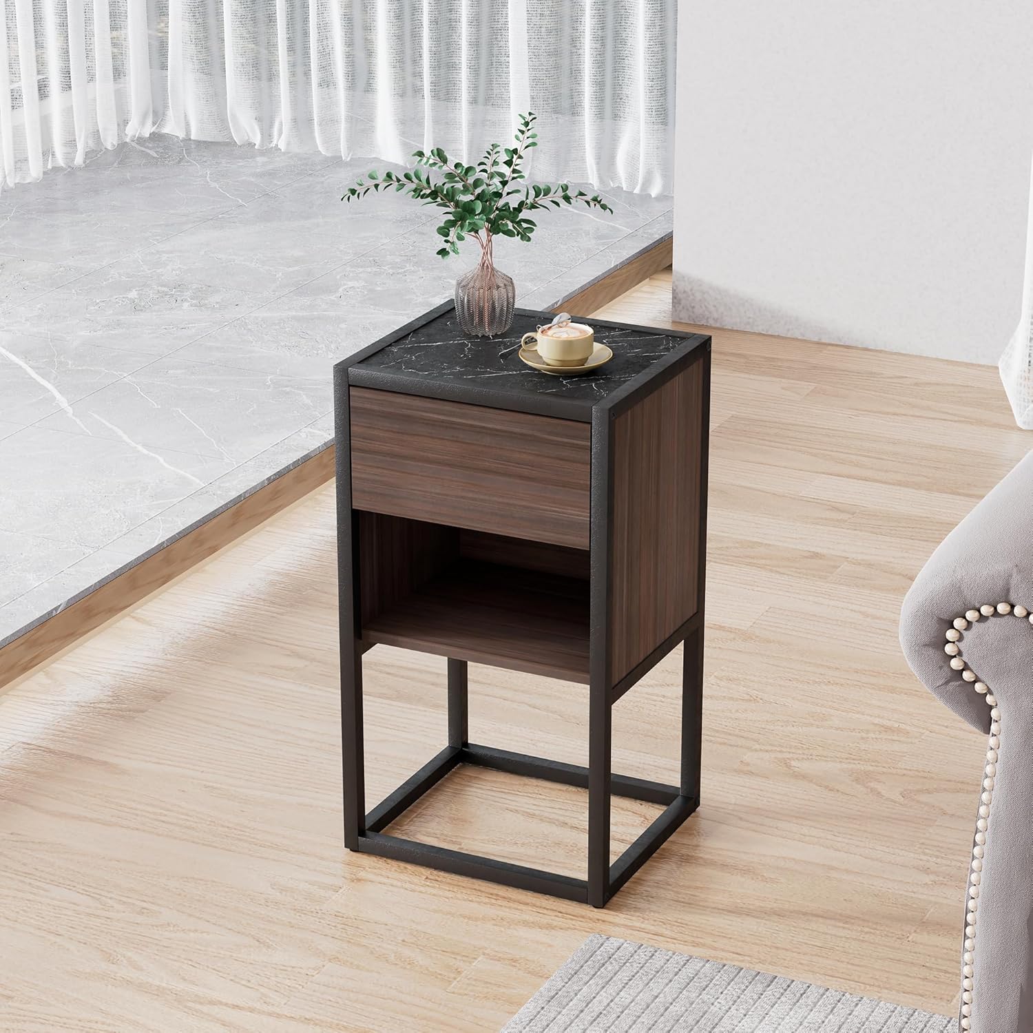 Farmhouse Side Table with Storage,Wood End Table for Living Room,Open Display Area and Storage Drawer,Chic Style Side Table with Solid Wood Base,Night Stand,Corner Cabinet(Brown+Light Gray)