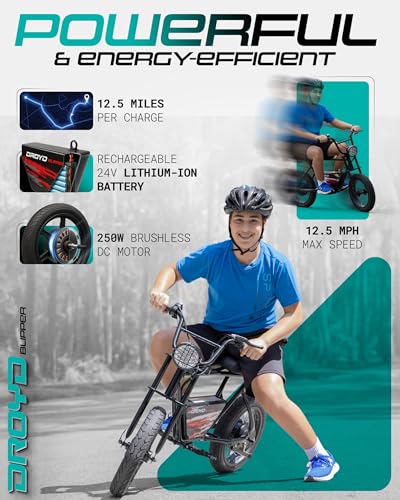 Droyd Blipper Electric Bike for Kids 13+, 250W Electric Mini Bike, 24V Lithium-Ion Battery w/Max Speed 12.5 Mph, Up to 12.5 Miles Range, Safe E Bike with Rear Drum Brake, 16