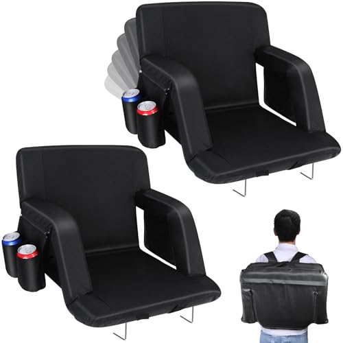 Stadium Seats with Back Support, 2 Pack Bleacher Chairs with Back and Cushion, Wide Bleacher Seat 6 Reclining Back, Folding Stadium Chairs with Armrests Hook Cupholder for Outdoor Sport Beach Concert