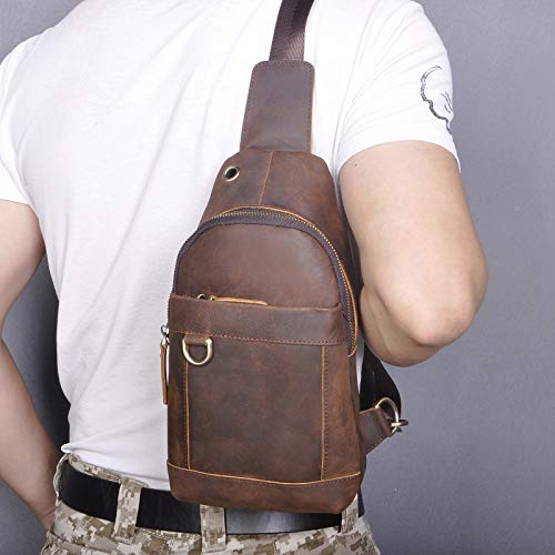 Le'aokuu Men Fashion Casual Tea Designer Travel Hiking Crossbody Chest Sling Bag Rig One Shoulder Strap Bag Men Leather 8015