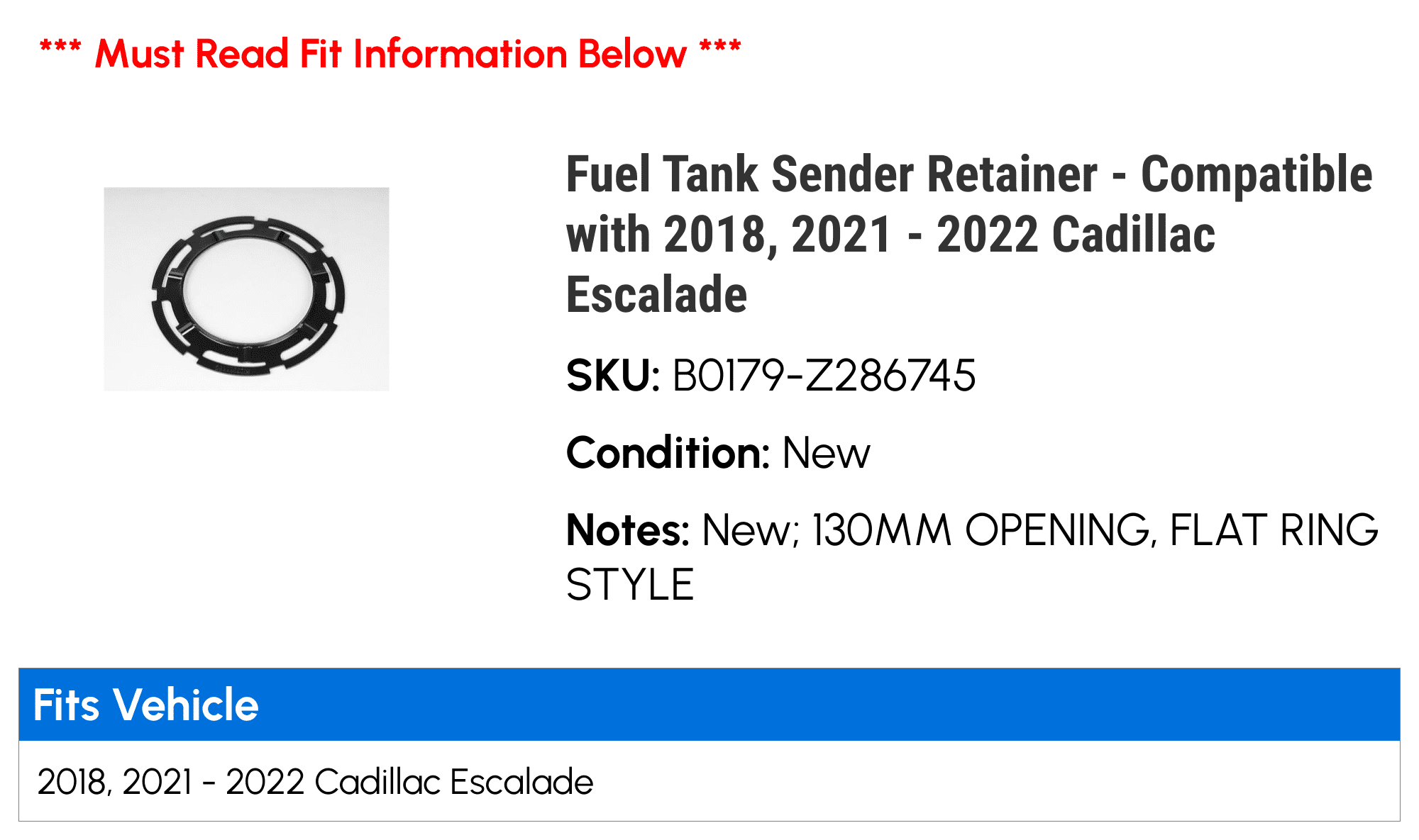 Fuel Tank Sender Retainer - Compatible with 2018, 2021 - 2022 Cadillac Escalade