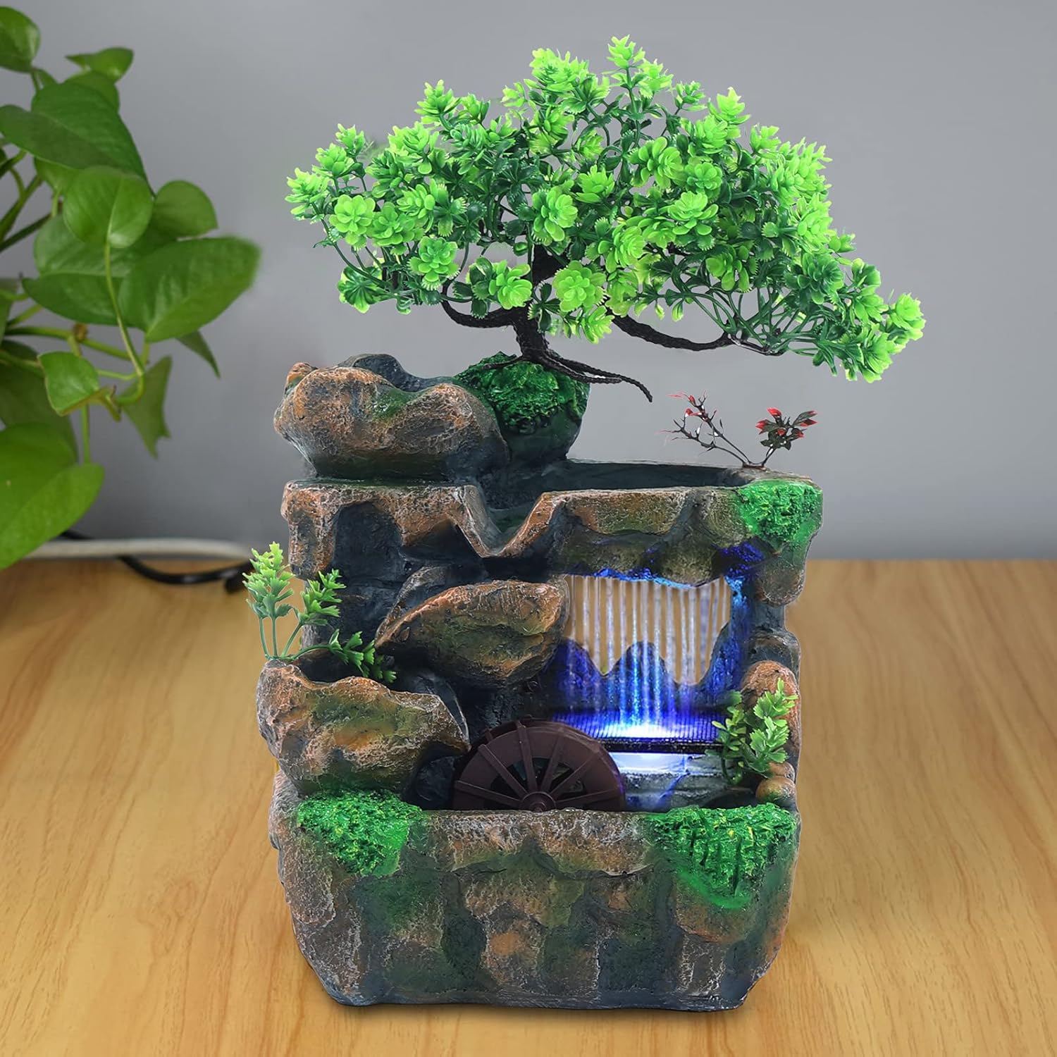 TFCFL Water Fountain Tabletop Indoor Small Rock Waterfall Zen Decor with Waterfall Tabletop Rockery Fountain Indoor with Aquariums Plant Atomizing Humidifier Colorful LED Light Decorations