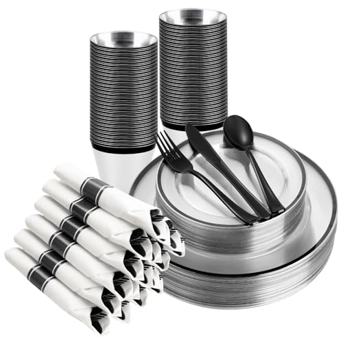 350PCS Clear and Black Disposable Plates Set for 50 Guests, 100 Plastic Plates, 50 Plastic Cups, 50 Pre-Rolled Napkins with Cutlery for Party, Thanksgiving, Birthday, Halloween