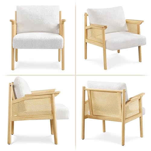 Yaheetech Accent Chair, Boucle Vanity Chair with Rattan Back Arms, Mid Century Chair Upholstered Living Room Chair Lounge Chair Bedroom Balcony White