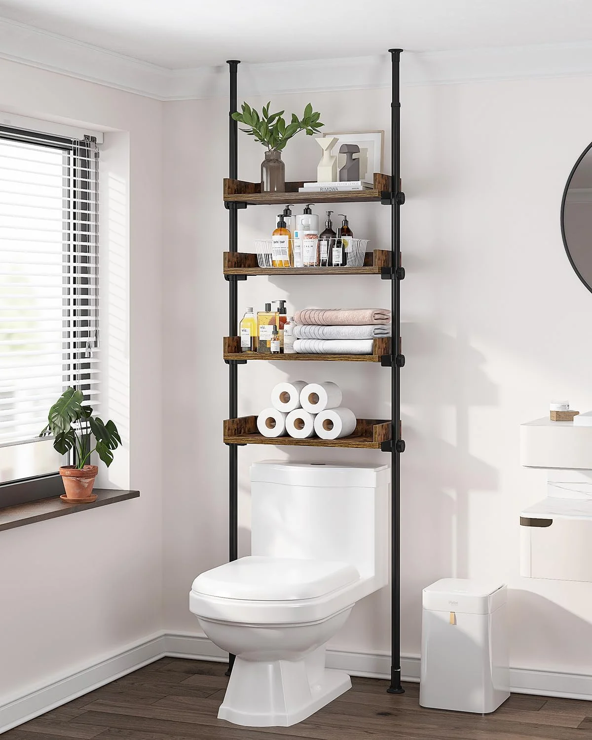 YINCHEN Bathroom Organizer, Over The Toilet Storage, 4-Tier Adjustable Wood Shelves for Small Rooms, Saver Space Rack, 92 to 116 Inch Tall, Narrow Cabinet, Rustic Brown