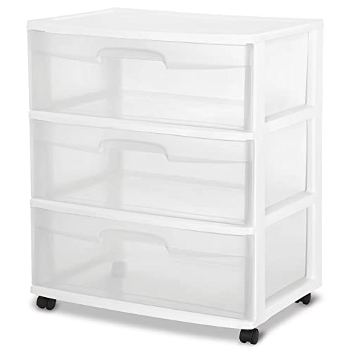 Plastic Storage Drawer Cart, Medium Home Organization Storage Container with 3 Large Clear Drawers With Wheels (White)