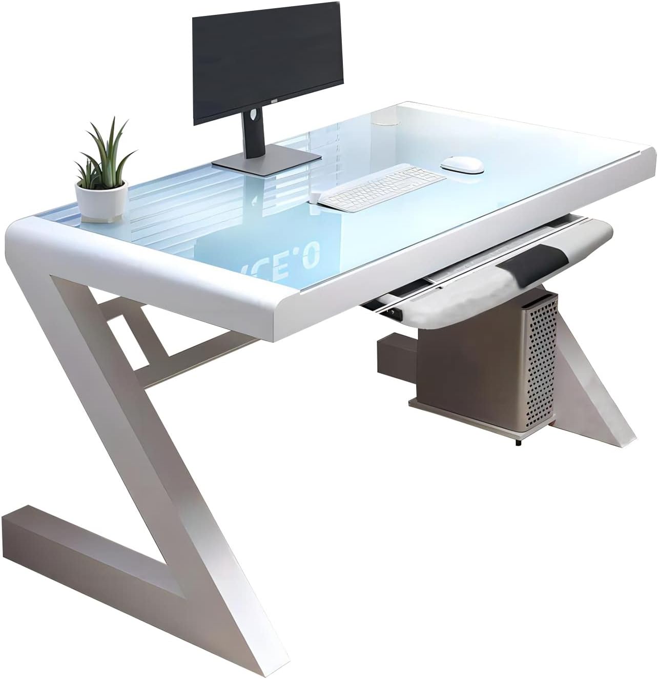 Modern Z-Shape Computer Desk with Keyboard Tray Tempered Glass Large Office Desk Study Writing Desk Easy to Install Computer Workstation for Home Office(White,39.3 * 23.6'')