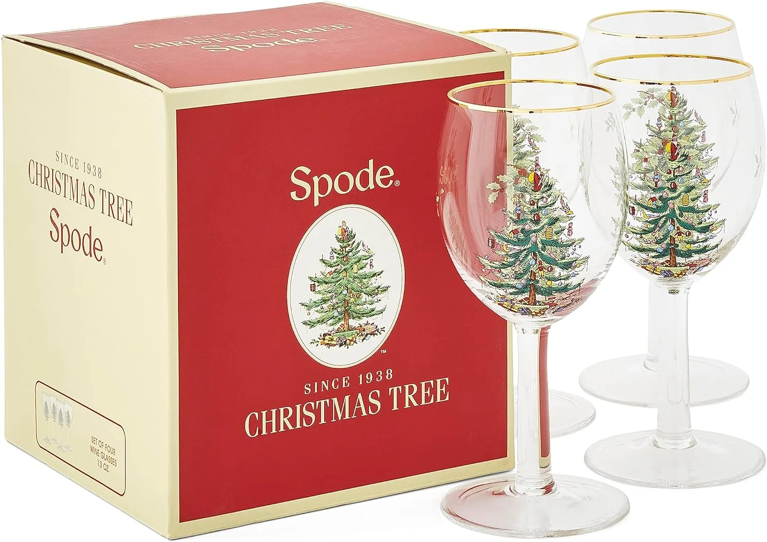 Christmas Tree Glassware - Set Of 4 -Made Of Glass – Rim- Classic Drinkware - Gift For Christmas, Holidays, Or Wedding - Drinking Glasses (Wine Glasses)