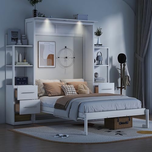 Harper & Bright Designs Full Murphy Bed with Storage Shelves, Drawers and LED Light, Cabinet Full Bed with Flexible Slats Support, Wood Foldable Wall Bed Frame for Home Office Studio, White