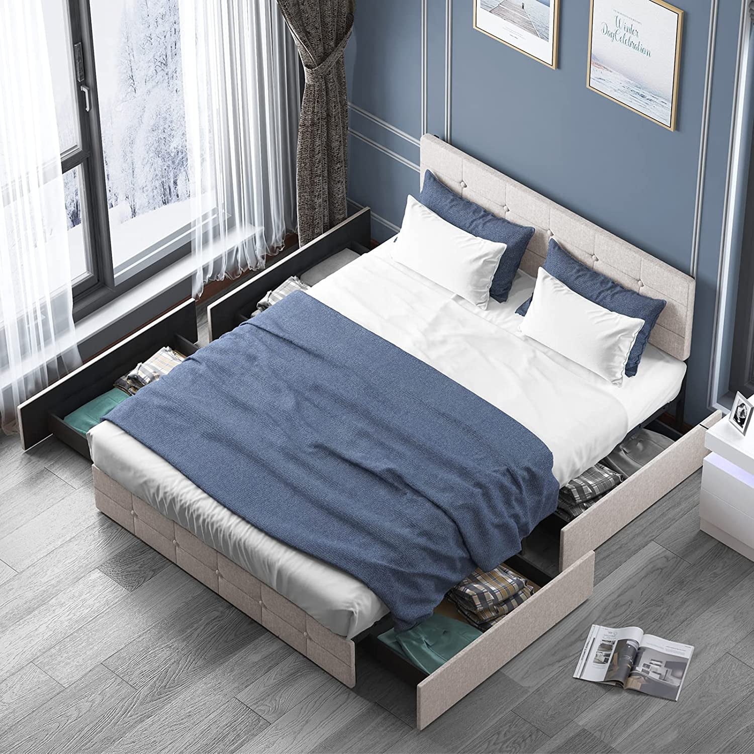 sell well Platform Bed Frame Queen Size with 4 Storage Drawers Queen Bed Frame with Linen Fabric Headboard Square Stitched Button Tufted Design Wooden Slats Support No Box Spring Needed B