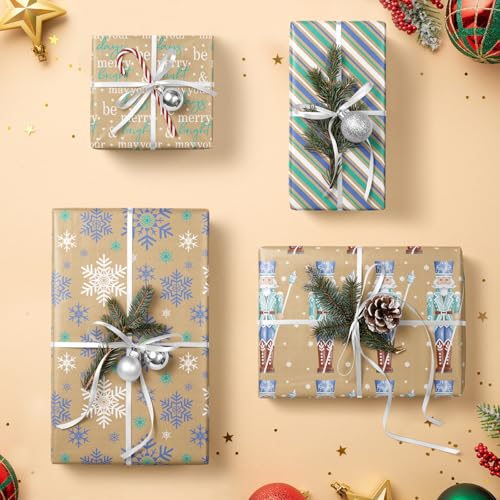 RUSPEPA Christmas Kraft Wrapping Paper - Owl, Reindeer, Christmas Ball and Text Design - 4 Rolls - 30 inches x 10 feet per Roll