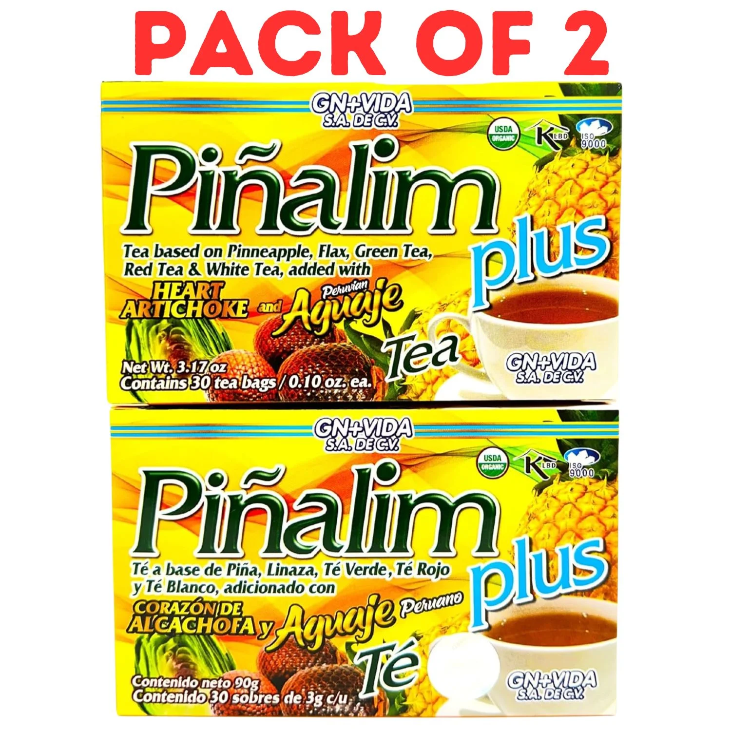Pinalim Plus Tea Enhanced with Aguaje Peruano and Artichoke Heart la formula Alcachofa Mas Fuerte Healthy Antioxidant Formula, Caffeine Free All Natural Cleanse Digestive Tea - Pack of 2