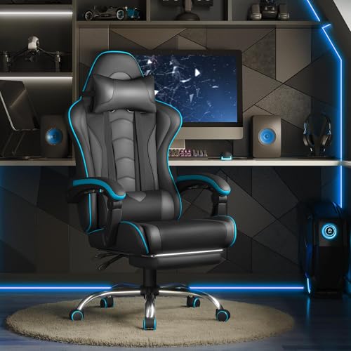 Yaheetech Gaming Chair, Video Game Chair with Massage Lumbar Support and Footrest Height Adjustable Ergonomic Computer Chair with Swivel Seat and Headrest, Black/Gray